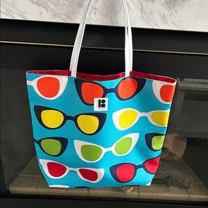 Lisa Perry Blue Multicolor Sunglasses Tote with sunglasses holder. Canvas. NEW.